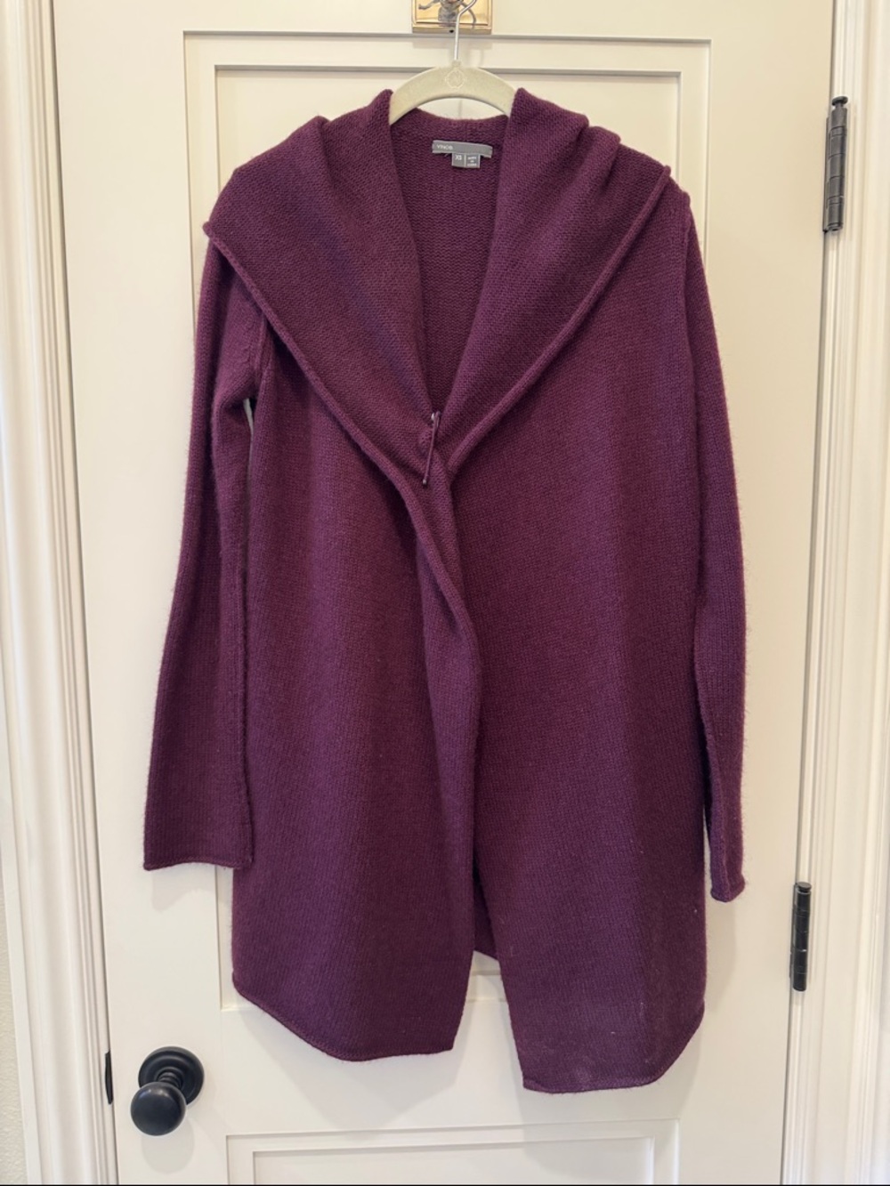 VINCE Sophie Yak-Wool Safety Pin Shawl Hooded Cardigan - Deep Plum